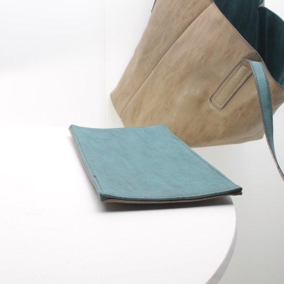 Reversable Beach Bag Shopping Tote Oversize Purse + Small Bag Blue-Green/Tan - Picture 10 of 16